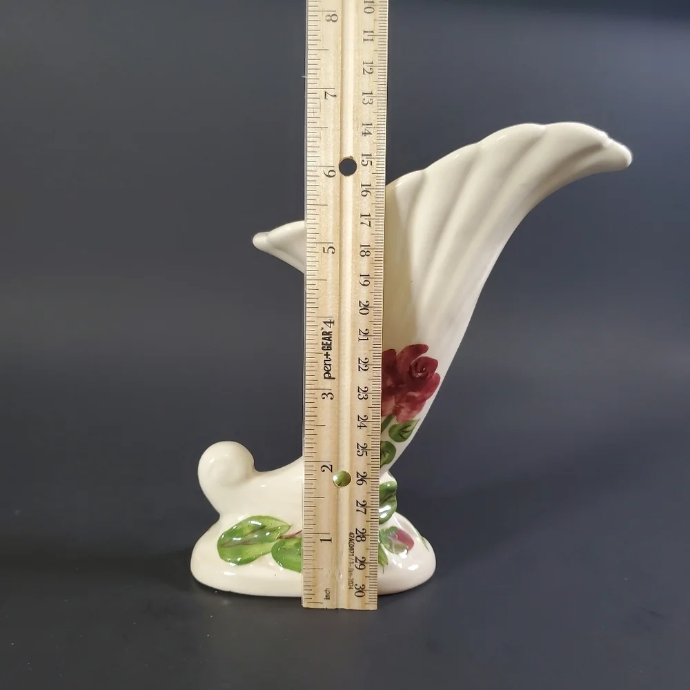 Hand Painted Cornucopia Vase Mid Century Horn of Plenty Decor Vintage MCM